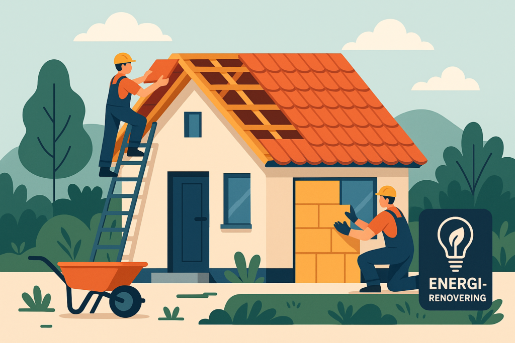 Illustration af et hus der energirenoveres, hvor håndværkere lægger nyt tag og monterer isolering som del af en energiforbedring.